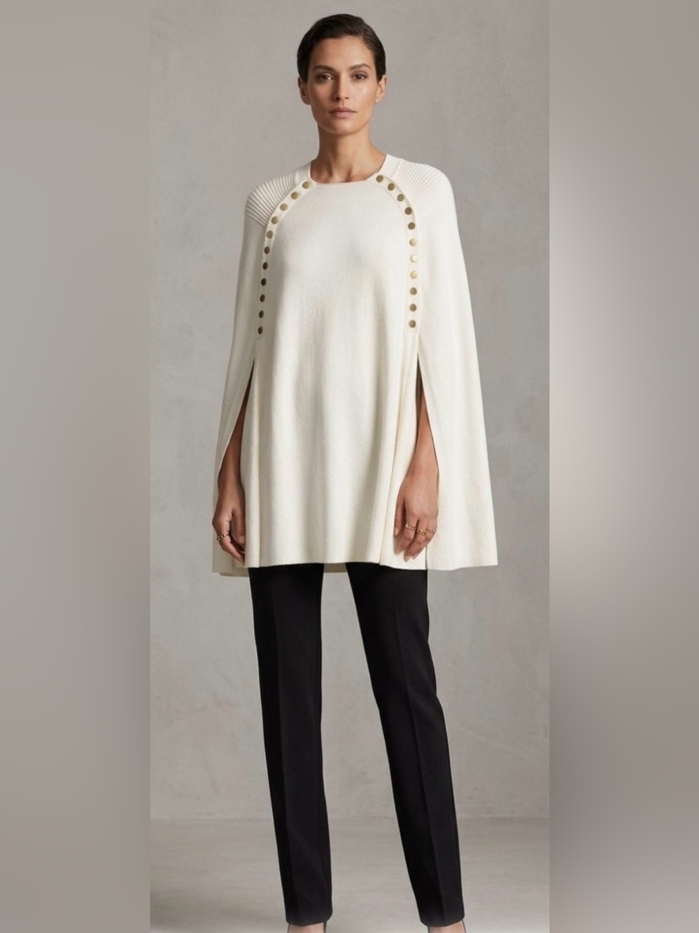 IMAN Global Chic Cream Knit Draped Luxe Poncho Cape Sweater Gold Buttons M/L